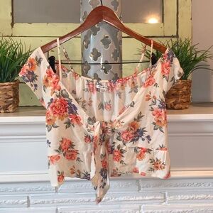 American Eagle Floral Cold Shoulder Adjustable Tie Bust Cropped Top Size XS